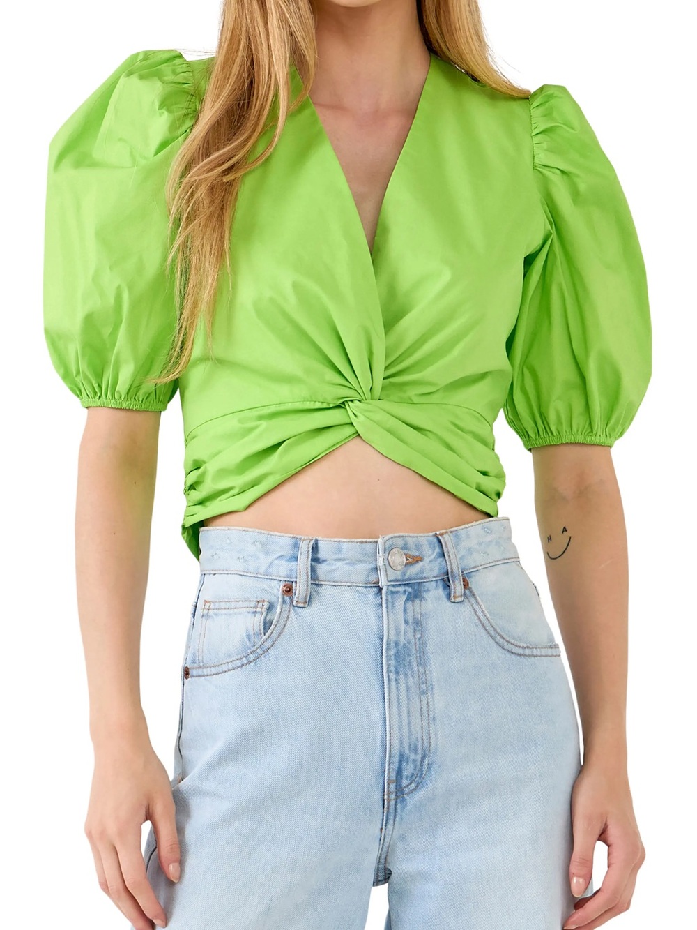 English Factory Green Puff-Sleeve Twist Front Crop Top